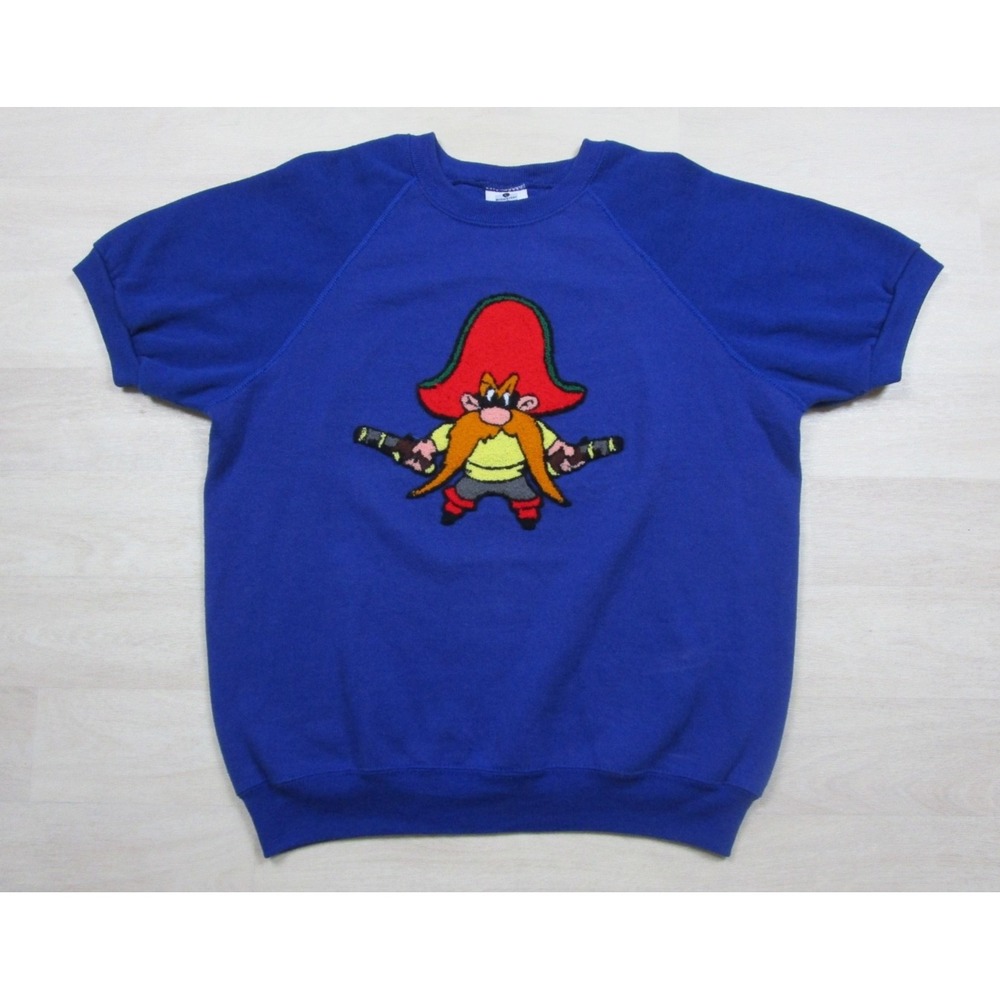 Vintage 90s Yosemite Sam Short Sleeve Sweatshirt (L) Chenille Patch Looney Tunes